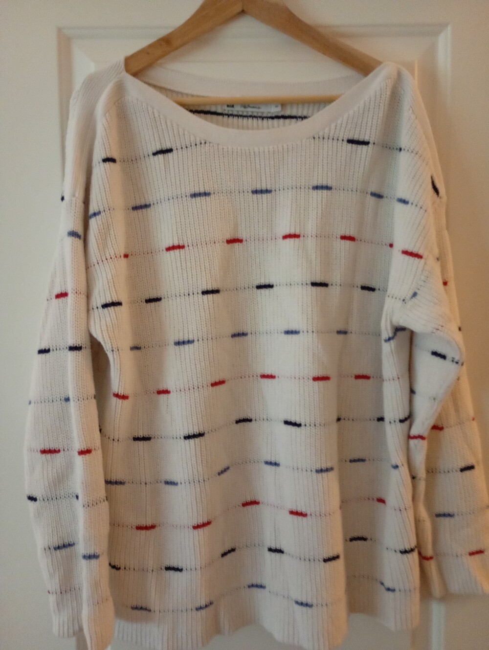 Reitmans Cream Knit Sweater with Red and Navy Dash Stitching (2X)
